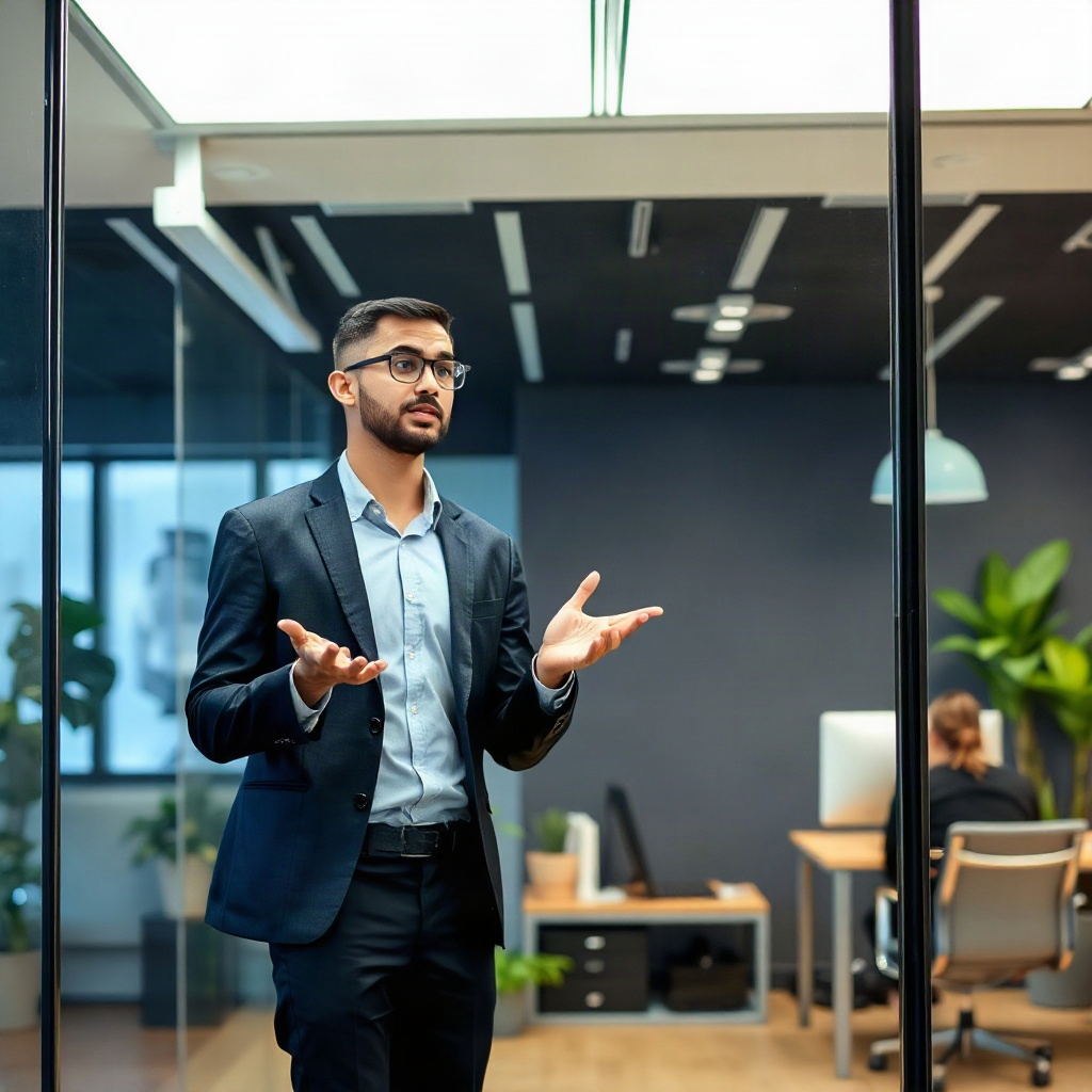 Young professional presenting on a glass wall office